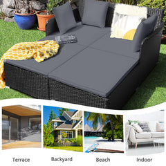 Spacious Rattan Daybed with Upholstered Cushions and Pillows, Gray