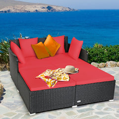 Spacious Rattan Daybed with Upholstered Cushions and Pillows, Red