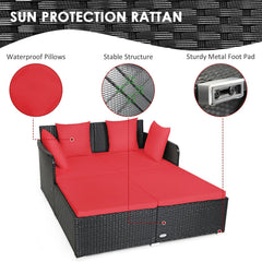 Spacious Rattan Daybed with Upholstered Cushions and Pillows, Red