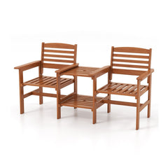 Wood Patio Two Seat Bench with Built In Two Tier Table and Umbrella Hole