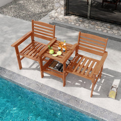 Wood Patio Two Seat Bench with Built In Two Tier Table and Umbrella Hole