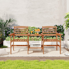 Wood Patio Two Seat Bench with Built In Two Tier Table and Umbrella Hole