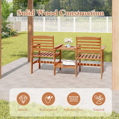 Wood Patio Two Seat Bench with Built In Two Tier Table and Umbrella Hole