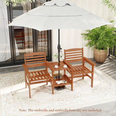 Wood Patio Two Seat Bench with Built In Two Tier Table and Umbrella Hole