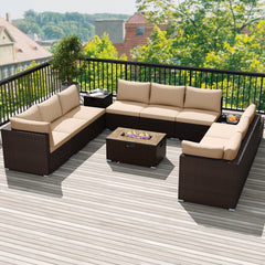 12 Piece Wicker Patio Sectional Set with 32 in Propane Fire Pit Table and Tank Holder, Beige