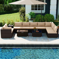 12 Piece Wicker Patio Sectional Set with 32 in Propane Fire Pit Table and Tank Holder, Beige