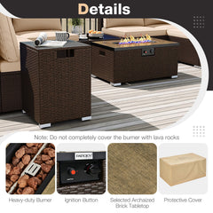 12 Piece Wicker Patio Sectional Set with 32 in Propane Fire Pit Table and Tank Holder, Beige