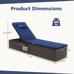 Wicker Chaise Lounge with 6 Level Backrest, Headrest and Folding Side Table, Navy