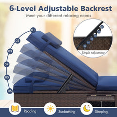 Wicker Chaise Lounge with 6 Level Backrest, Headrest and Folding Side Table, Navy