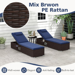 Wicker Chaise Lounge with 6 Level Backrest, Headrest and Folding Side Table, Navy