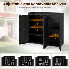 Outdoor PE Wicker Storage Cabinet with 3 Doors and Adjustable Shelves and Drawer-Black