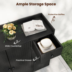 Outdoor PE Wicker Storage Cabinet with 3 Doors and Adjustable Shelves and Drawer-Black