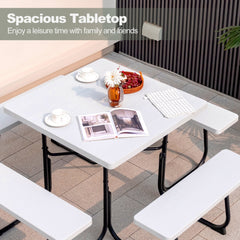 Outdoor Picnic Table with 4 Benches and Umbrella Hole-White