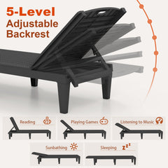 Set of 2 PP Chaise Lounge Chairs with Adjustable Backrests and 6 Legs, Black