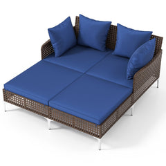 Outdoor Rattan Double Daybed with X Shaped Metal Frame, 800 lb, Navy