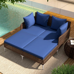 Outdoor Rattan Double Daybed with X Shaped Metal Frame, 800 lb, Navy