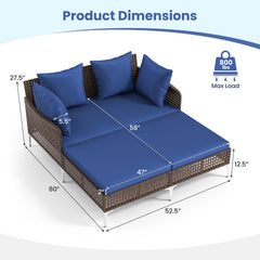 Outdoor Rattan Double Daybed with X Shaped Metal Frame, 800 lb, Navy