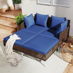 Outdoor Rattan Double Daybed with X Shaped Metal Frame, 800 lb, Navy