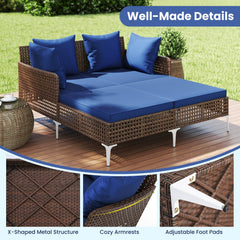 Outdoor Rattan Double Daybed with X Shaped Metal Frame, 800 lb, Navy