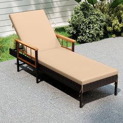 Wicker Chaise Lounge with Acacia Armrests and 4 Level Backrest, Beige