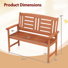 Outdoor Solid Wood Loveseat Hardwood 2-Seat Bench with Inclined Backrest and Slatted Seat