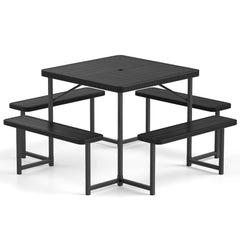 Outdoor Square Picnic Table Bench Set for 4-8 People with Umbrella Hole-Black