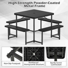 Outdoor Square Picnic Table Bench Set for 4-8 People with Umbrella Hole-Black