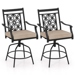 Set of 2 Outdoor Swivel Bar Chairs with Arms and 4 Inch Cushions, Brown on Black