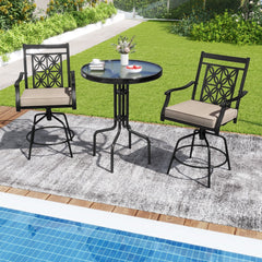 Set of 2 Outdoor Swivel Bar Chairs with Arms and 4 Inch Cushions, Brown on Black