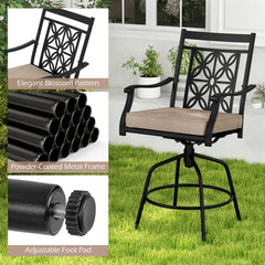 Set of 2 Outdoor Swivel Bar Chairs with Arms and 4 Inch Cushions, Brown on Black