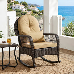 Outdoor Wicker Rocking Chair with Anti-Tip Stoppers 400 LBS for Porch Deck-Brown