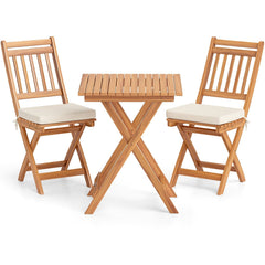 3 Piece Folding Acacia Wood Bistro Set with Vertical Slat Chairs and Seat Cushions, Off White