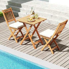 3 Piece Folding Acacia Wood Bistro Set with Vertical Slat Chairs and Seat Cushions, Off White