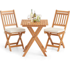 3 Piece Folding Acacia Wood Bistro Set with Vertical Slat Chairs and Seat Cushions, Off White