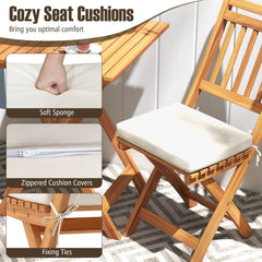 3 Piece Folding Acacia Wood Bistro Set with Vertical Slat Chairs and Seat Cushions, Off White