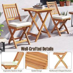 3 Piece Folding Acacia Wood Bistro Set with Vertical Slat Chairs and Seat Cushions, Off White