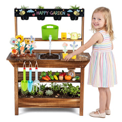 Outdoor Wood Mud Kitchen with Water Faucet and Planter for Kids Age 3+-Brown