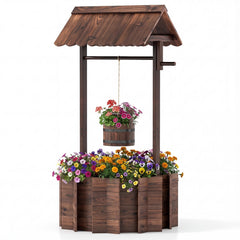 Outdoor Wooden Wishing Well Planter, 47 Inch Fir Garden Feature with Hanging Bucket