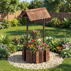 Outdoor Wooden Wishing Well Planter, 47 Inch Fir Garden Feature with Hanging Bucket