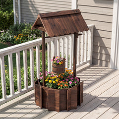 Outdoor Wooden Wishing Well Planter, 47 Inch Fir Garden Feature with Hanging Bucket
