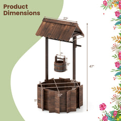 Outdoor Wooden Wishing Well Planter, 47 Inch Fir Garden Feature with Hanging Bucket