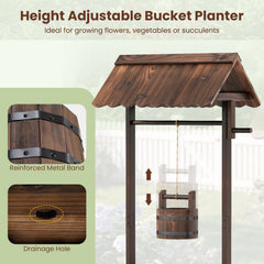 Outdoor Wooden Wishing Well Planter, 47 Inch Fir Garden Feature with Hanging Bucket