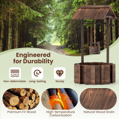 Outdoor Wooden Wishing Well Planter, 47 Inch Fir Garden Feature with Hanging Bucket