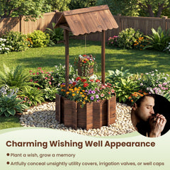 Outdoor Wooden Wishing Well Planter, 47 Inch Fir Garden Feature with Hanging Bucket