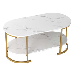 Oval Coffee Table 2-Tier Wooden Accent Table with Spacious Tabletop and Open Storage Shelf-White