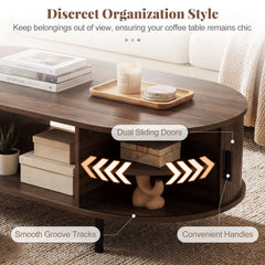 Oval Coffee Table 47.5inch Wooden Center Table with Storage-Walnut
