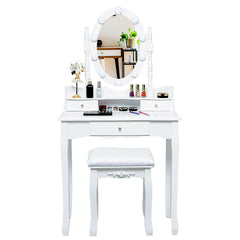 Oval Mirror Vanity Set, with 10 LED Dimmable Bulbs and 3 Drawers-White