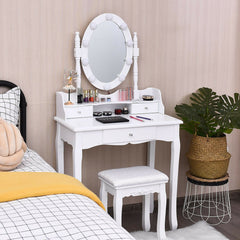 Oval Mirror Vanity Set, with 10 LED Dimmable Bulbs and 3 Drawers-White