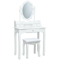 Oval Mirror Vanity Set, with 10 LED Dimmable Bulbs and 3 Drawers-White