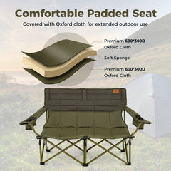 Oversized Camping Chair Folding Loveseat Camping Couch with Cup Holders & Thick Padding-Green